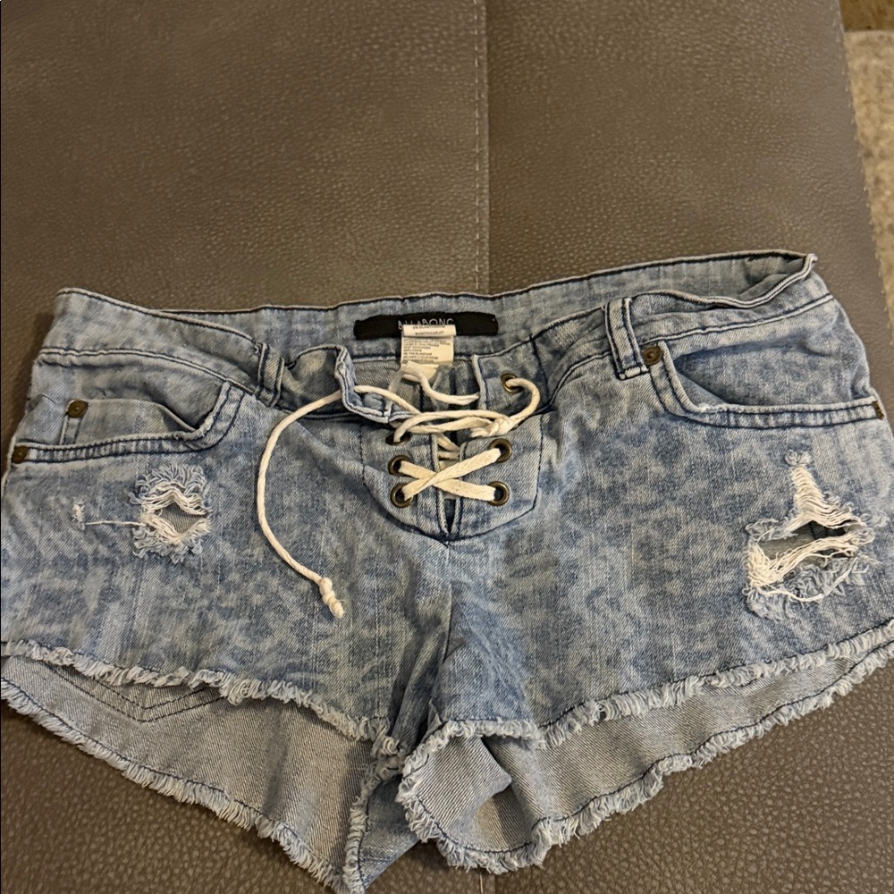 Billabong Light Blue Lace-Up Distressed Denim Shorts